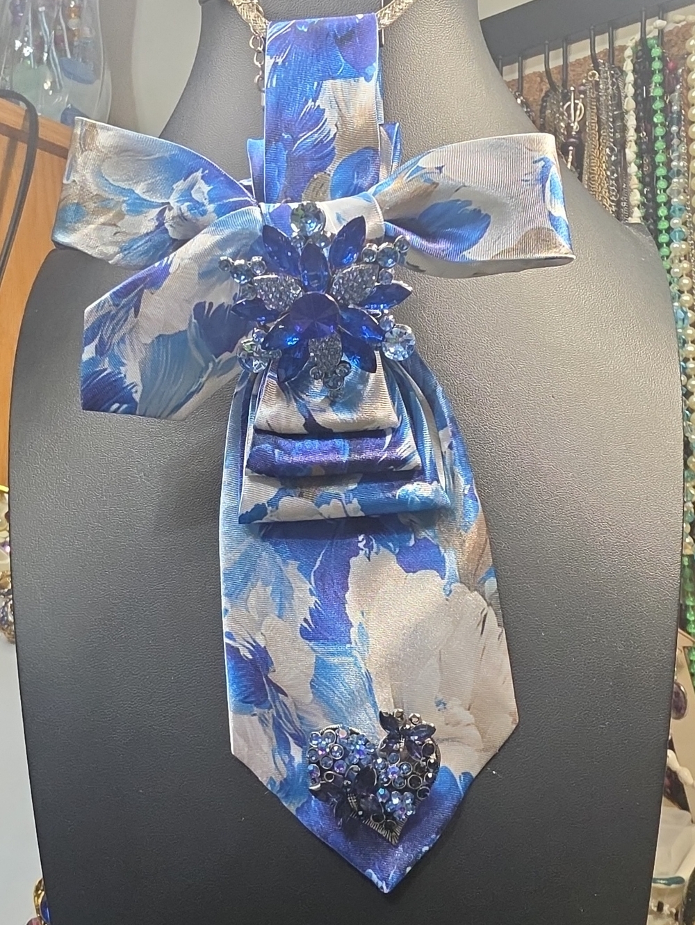 Blue Floral Necktie with Blue Crystal Brooch - Women Accessories